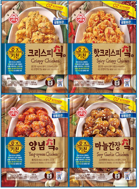 [오뚜기] 오즈키친 크리스피치킨 500g+핫크리스피치킨 500g+양념치킨 580g+마늘간장, 1세트, 2.16kg