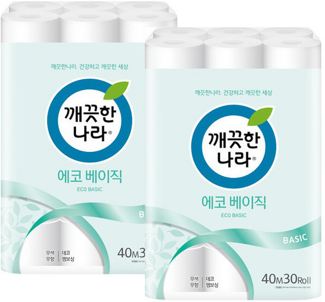 깨끗한나라 에코 베이직 2겹 롤화장지, 40m, 30개입, 2개