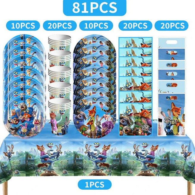 자동 변신로봇 주토피아 2 생일 파티 장식 주디 닉 용품 케이크 토퍼 식기류 접시 컵 선물 가방 풍선 키체인 어린이용 264557, 81pcs set