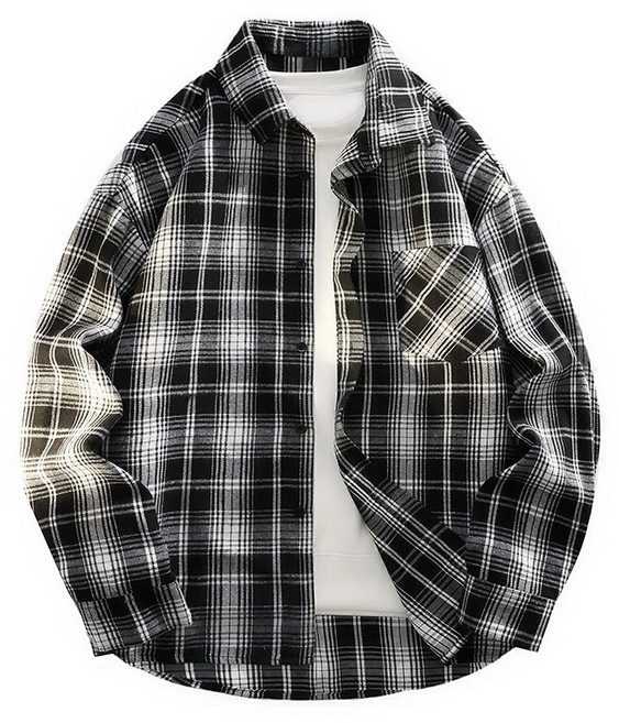 LARGE STORE 韓版格紋磨毛法蘭絨長袖襯衫 格子襯衫 中性情侶襯衫 大尺寸