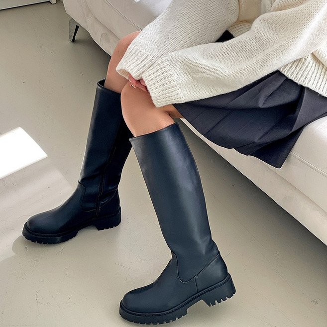 플라틴베이지 키높이 워커 롱부츠 통굽 가죽 부츠 (4CM/발편한/다리길어보이는)