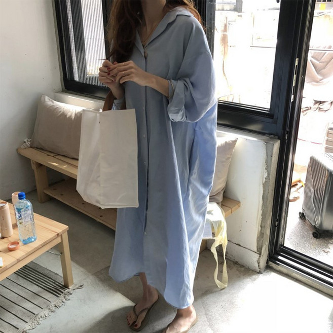 UPPERCUT 여성 루즈핏 코튼 긴팔 셔츠 롱원피스 데일리룩