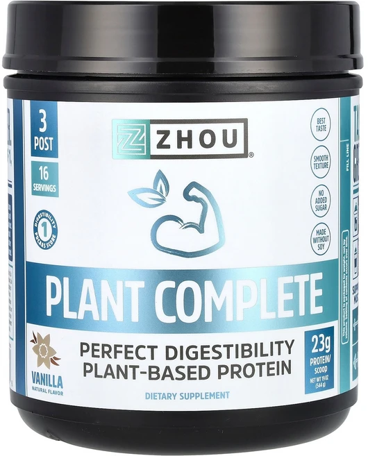 Zhou Nutrition Plant Complete Perfect 소화율 식물성 단백질 바닐라 544g(19oz) Nutrition (조우 뉴트리션), 544g, 1개 - 쿠팡