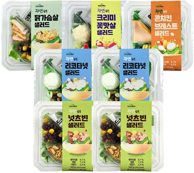 [샐러드박스] 자연 담은 토핑 샐러드 7종 혼합세트구성 (닭가슴살 리코타넛 크리미꽃맛살 콘치킨브레스트 넛츠빈), 7개, 145g
