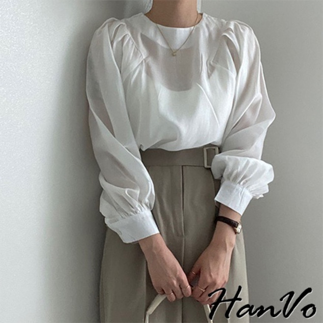 HanVo 公主泡泡袖圓領襯衫 舒適氣質百搭長袖上衣 韓系顯瘦修身女裝
