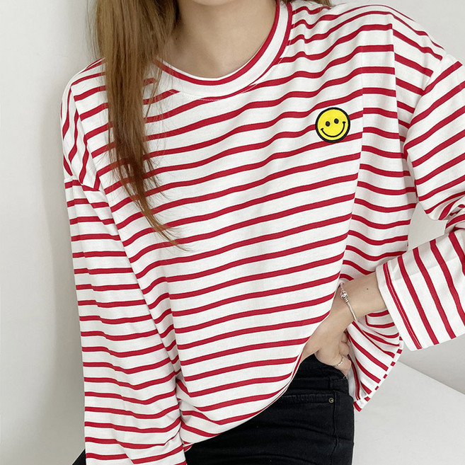 마이시즌 여성용 스마일 단가라 긴팔 티셔츠