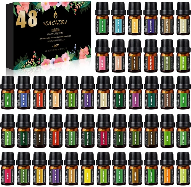 5ml x 48병 100% 천연 에센셜 오일 48개 세트 아로마테라피 SACATR - 쿠팡