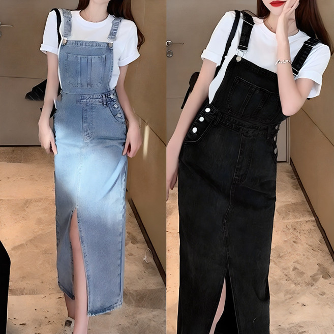 믹스블링 데님 멜빵 롱 치마 트임 스커트 여성 꾸안꾸룩 슬림핏