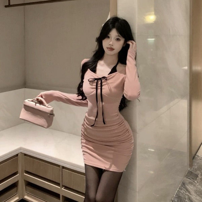 미중 여성 봄가을 뉴 빅사이즈 홀터넥 섹시 허리조임 슬림핏 날씬 쇼트 원피스 Lyy