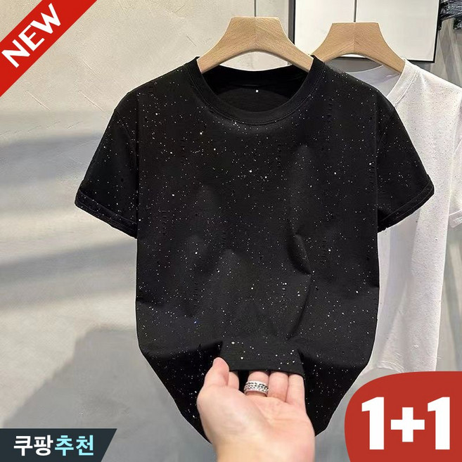 100kg까지 1+1 날씬해보이는 남녀공용 멋지군 빤짝이 큐빅 무지 반팔 티 여성 남성 여름 빅사이즈 심플 커플 디자인 포인트 개성있는 패션 기본 베이직 큰옷 데일리 티셔츠 2P