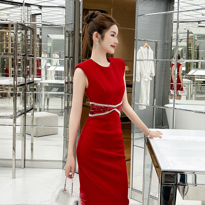 【重工鑲鑽】訂婚連衣裙 禮服裙 晚禮服 宴會裙 敬酒服 修身顯瘦 無袖收腰 亮片閃鑽 夏季新款 新娘伴娘首選, 紅色