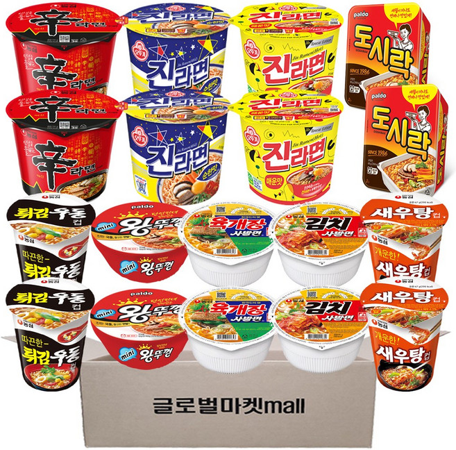글로벌마켓mall 컵라면 큰컵 작은컵 모음 세트 신큰2+진순큰2+진매큰2+도시락2+튀김소2+새우소2+미니왕2+육소2+김치소2 9종 총18개, 1박스