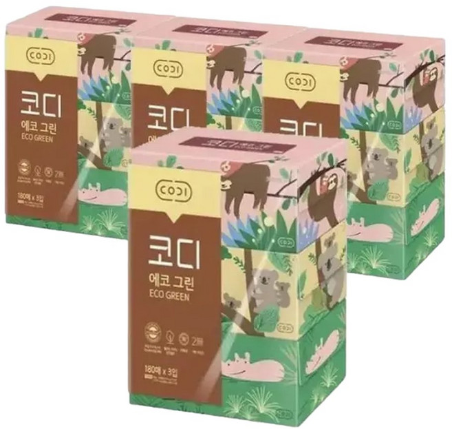 코디코디 코디 그린 미용티슈 각티슈 180매 3입x4팩 (42930282), 12박스