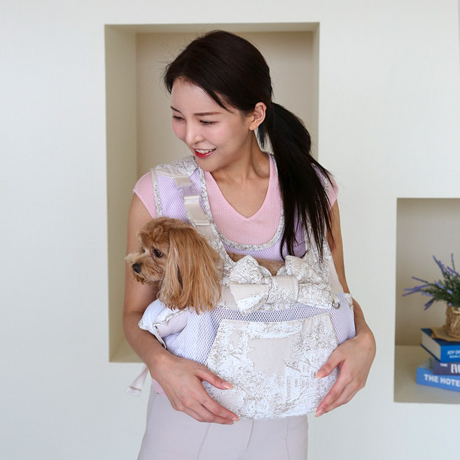 베베파우 강아지 고양이 감탄 이동앞가방 전면오픈 산책 여름 메쉬망 슬링백 프론트백, 베이지, 1개