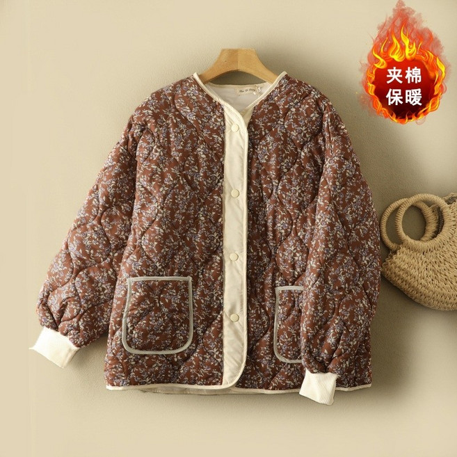 여성 꽃무늬퀄팅점퍼 가을 겨울 귀여운 점퍼 할머니 꽃무늬깔깔이 노카라패딩 아우터