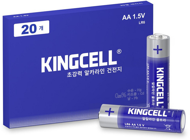KINGCELL 고성능 알칼리 AA 건전지 20개입 1박스 친환경 장수명 1.5V 건전지 수은 무함유, 1개