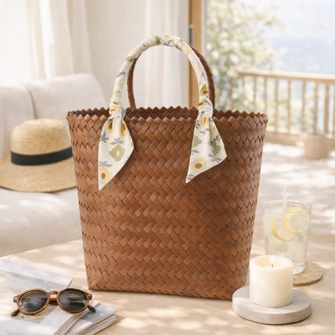 차르미콜 라탄 스타일 위빙 토트백 스카프 2종 세트 여성 여름 데일리 숄더백 비치백
