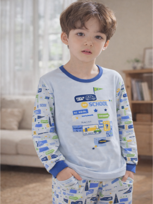 트라이 아동용 무형광 순면 실내복 스쿨버스 상하의 세트
