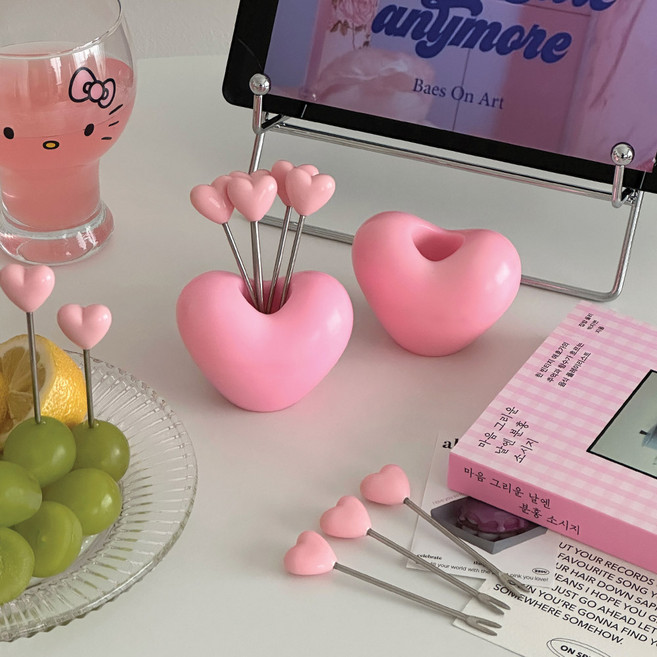 이이공브이샵 핑크 하트 디저트 과일포크 10P세트 과일픽 티포크