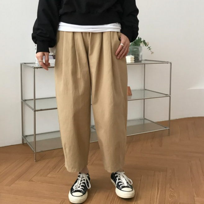 럭키제이 핀턱 통 배기 팬츠 면 빅사이즈 코튼 바지 여성용