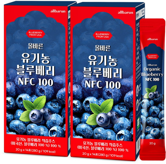 올바른 유기농 블루베리즙 NFC 착즙액 100% 14포, 2박스, 20g
