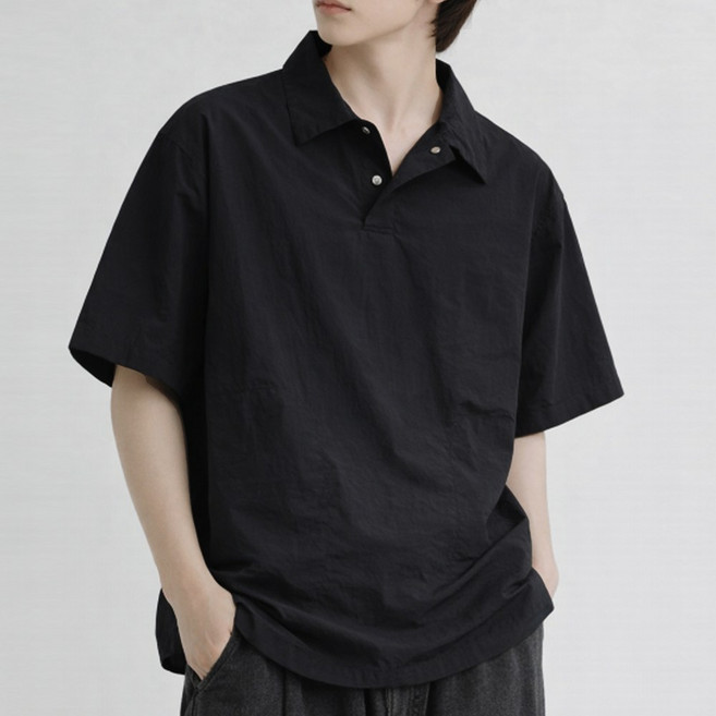 남녀공용 오버핏 바스락 우븐 바람막이 스트링 단추 카라티