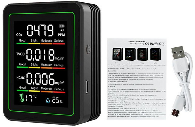 실내 공기질 측정기 농도 포름알데히드 검출기 TVOC, 5 in 1 검출기 블랙, 1개, 기본 색상