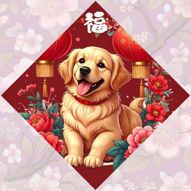 慕晨寵物春聯 大型犬/毛孩新年裝飾 台灣插畫紅包設計, 福氣花園黃金