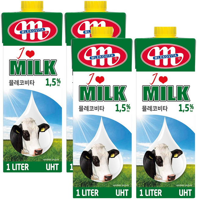 믈레코비타 아이러브밀크 1.5% 저지방 멸균우유, 1L, 4개