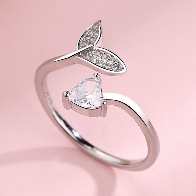 고래꼬리반지 큐빅 지르코 바다 고래와 인어 꼬리 커프 반지 트렌디한 실버 컬러 사랑스러운 하트 크리스탈 로맨틱 선물