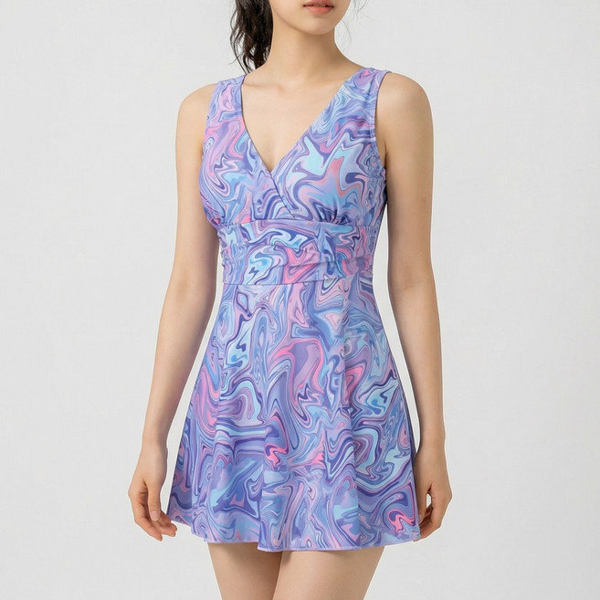 여성 원피스수영복 온천 실내수영복 워터파크 리조트 중년 빅사이즈 임산부 체형커버 뱃살커버 꽃무늬 치마형 일체형수영복, 라벤더