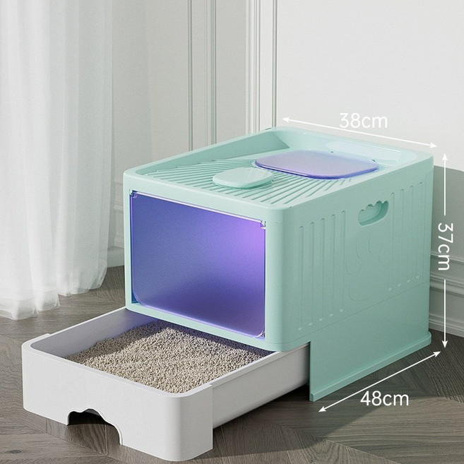 FFY 대형 고양이 화장실 전밀폐 접이식 모래유출방지 고양이 청결용품 + 고양이 스크래쳐48CM*38CM*37, 그린L, 1개