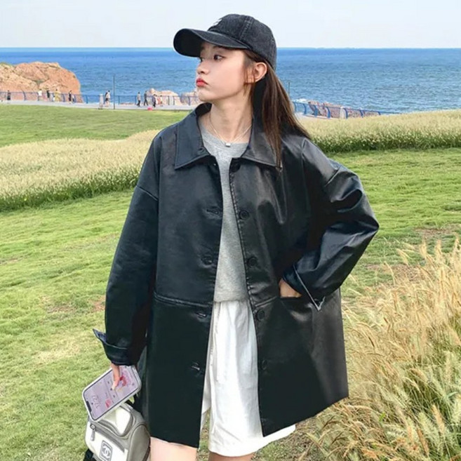COSYEVNO 가죽 재킷 오버핏 루즈핏 여성용 카라넥 PU 코트