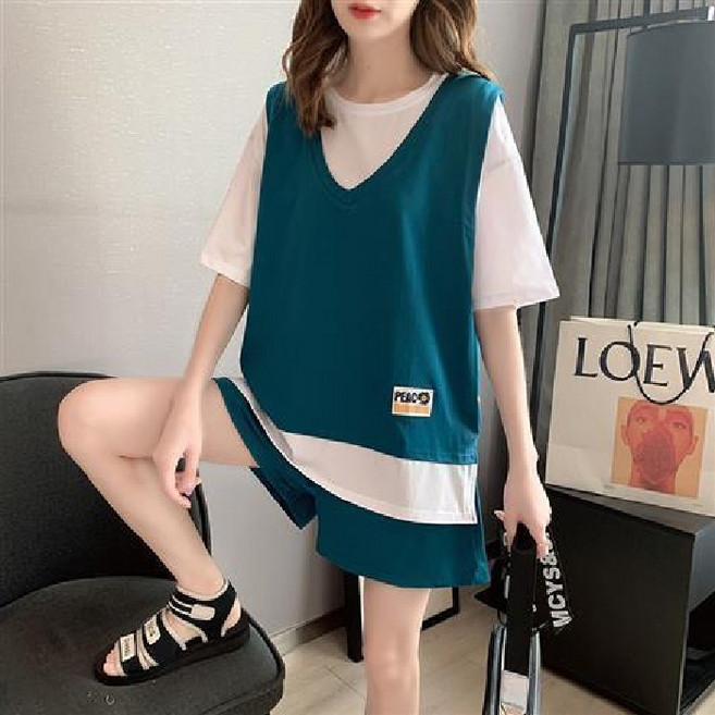 【顯瘦遮肉】大碼運動套裝 胖mm套裝 女裝兩件套 休閒套裝 短袖短褲 假兩件設計 冰絲透氣 200斤可穿 夏季健身出行