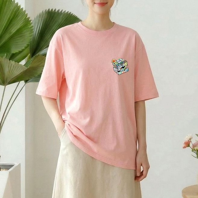 스타일아유 여성 컬러 큐브 프린팅 오버핏 반팔티 고중량 240g 컴팩트 면100% 레터링 라운드 루즈핏 티셔츠 면티 롱티셔츠 2026 여름신상 TS3953