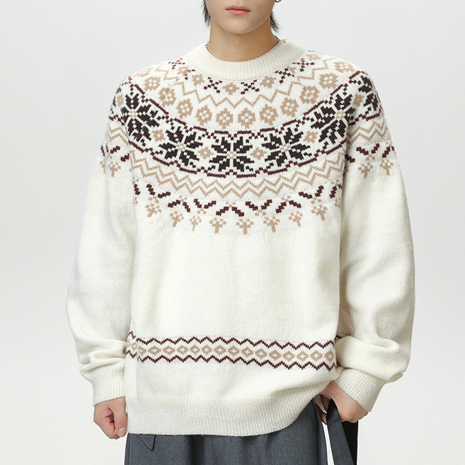 남성 겨울용 라운드 네크 스웨터 오버핏 보온 자카드 니트류