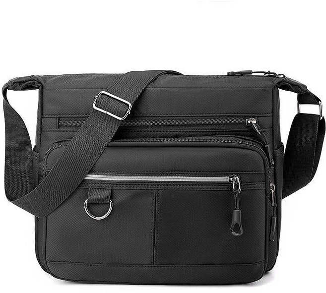 男生 郵差包 尼龍 斜背包 防水 大容量, 黑色