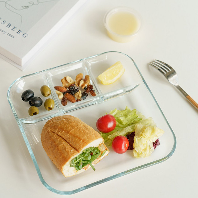 마켓비엔티 투명 내열강화유리 식판 오븐 식기세척기 전자렌지 사용가능 다이어트식단, 1개