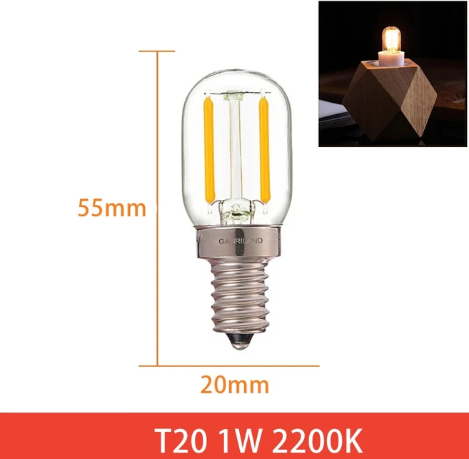 Ganriland e14 led 디 밍이 가능한 전구 e12 220 v 0 5 w 1 2 램프 필 라 멘 트 밤 빛 샹들리에 에디슨 c7 t20 t22, T20 1W 2200K, 그렇습니다, E12 110V-130V, 1개