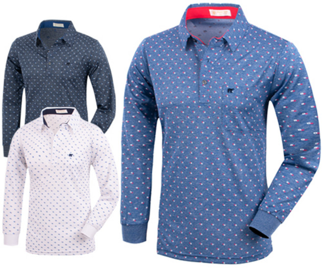 남성용 스판 면 PK 긴팔티셔츠 패턴 로고 땡땡이 패턴 간절기 국내생산 이월상 품 남자 골프 티셔츠