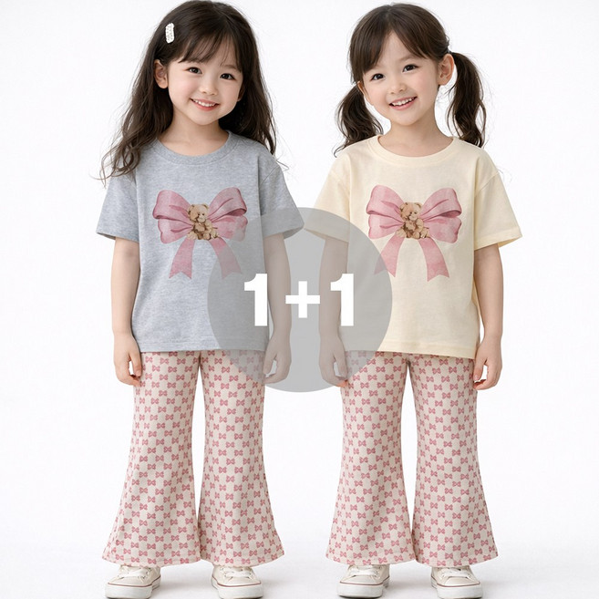 지디오 키즈 여아 반팔 투피스 2개 세트 곰돌이 프린팅 티셔츠 밴딩 부츠컷 팬츠 리본 패턴 상하복