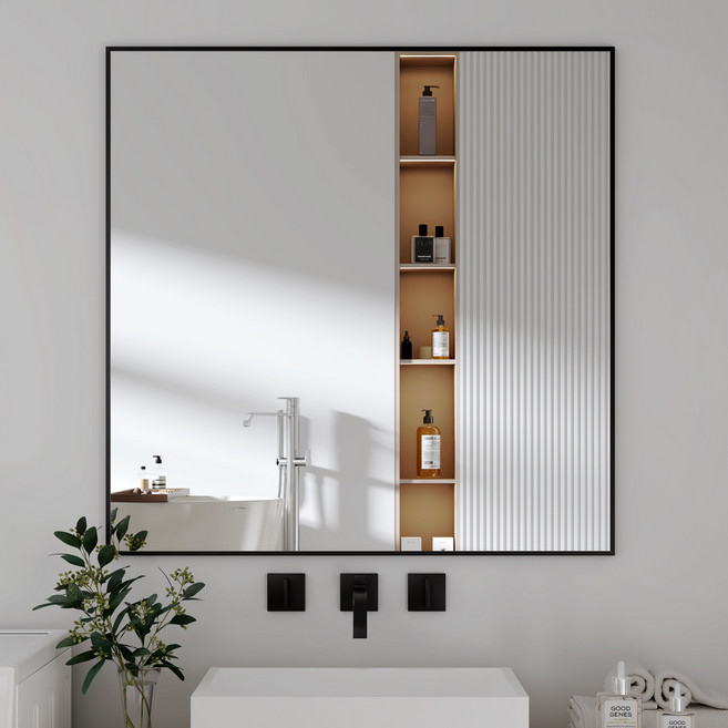 뷰티피크 사각형 벽거울 화장대거울 욕실거울 강화안전유리 80*80, 블랙, 80*80cm