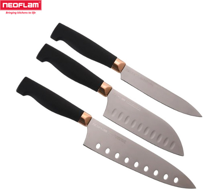 네오플램 티타늄 향균 코팅칼 3종(과도L+산토쿠S+셰프8) 세트, 블랙, 1세트