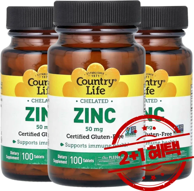 2+1 컨트리라이프 킬레이트화 아연 50mg 100정 글루텐 무함유 / 해외직구 미국정품, 3개 - 쿠팡