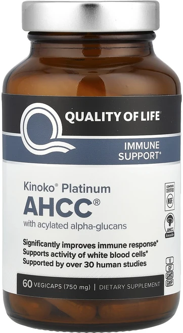 Quality of Life Kinoko® 플래티넘 AHCC® 아실화 알파글루칸 함유 베지 캡슐 60정, 1개 - 쿠팡
