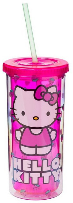 Silver Buffalo Sanrio 헬로 키티와 친구들 마이 멜로디 딸기 도넛과 밀크쉐이크 패턴 플라스틱 콜드 컵 뚜껑과 빨대 포함 591.5ml(20온스), Hello Kitty Strawberries