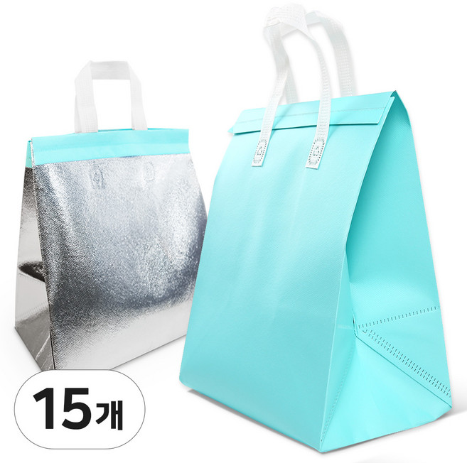 일회용 보냉가방 손잡이 은박 보냉백 캠핑용 도시락 보냉 가방, 15개, 블루민트