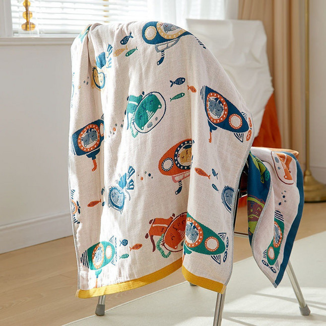 四層紗布浴巾 大毛巾 吸水不掉毛 家用兒童可愛卡通洗澡裹巾