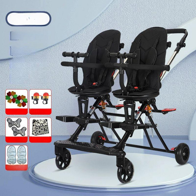 쌍둥이 트라이크 2인 휴대용 유모카 폴딩 접이식 검정/일반휠/네이키드, 블랙+수납 가방+원터치 오프로드