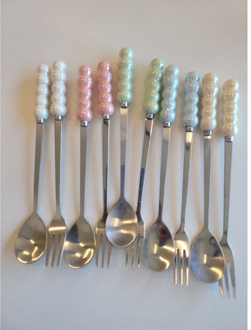 DSC 고급스러운 롱 구슬 티스푼 티포크 세트 5종 세트 티스푼5P + 티포크5P / 크림+아이보리+그린+핑크+블루, 1세트